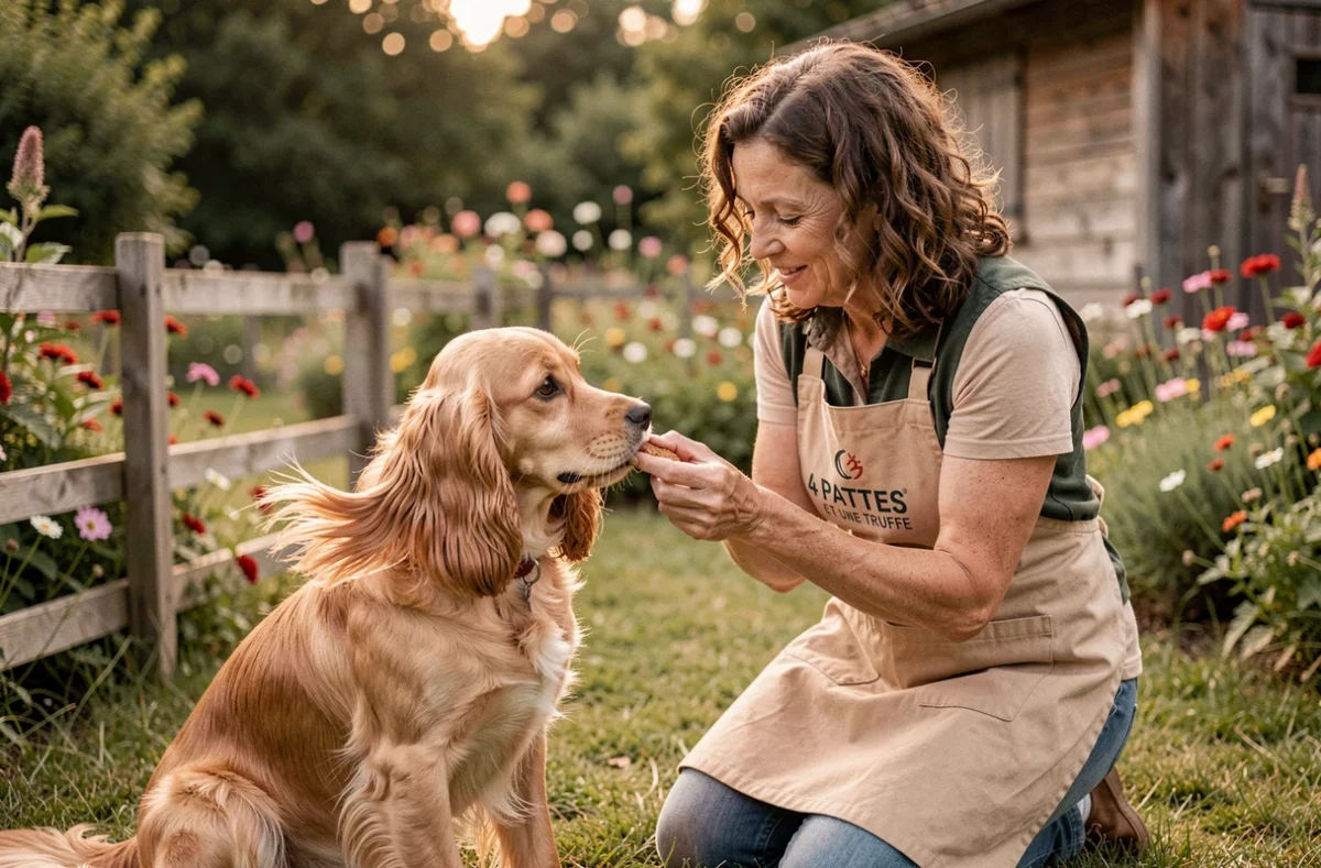 Une éducatrice de 4 Pattes et une Truffe récompense un Cocker Spaniel avec une friandise dans un jardin d'entraînement fleuri