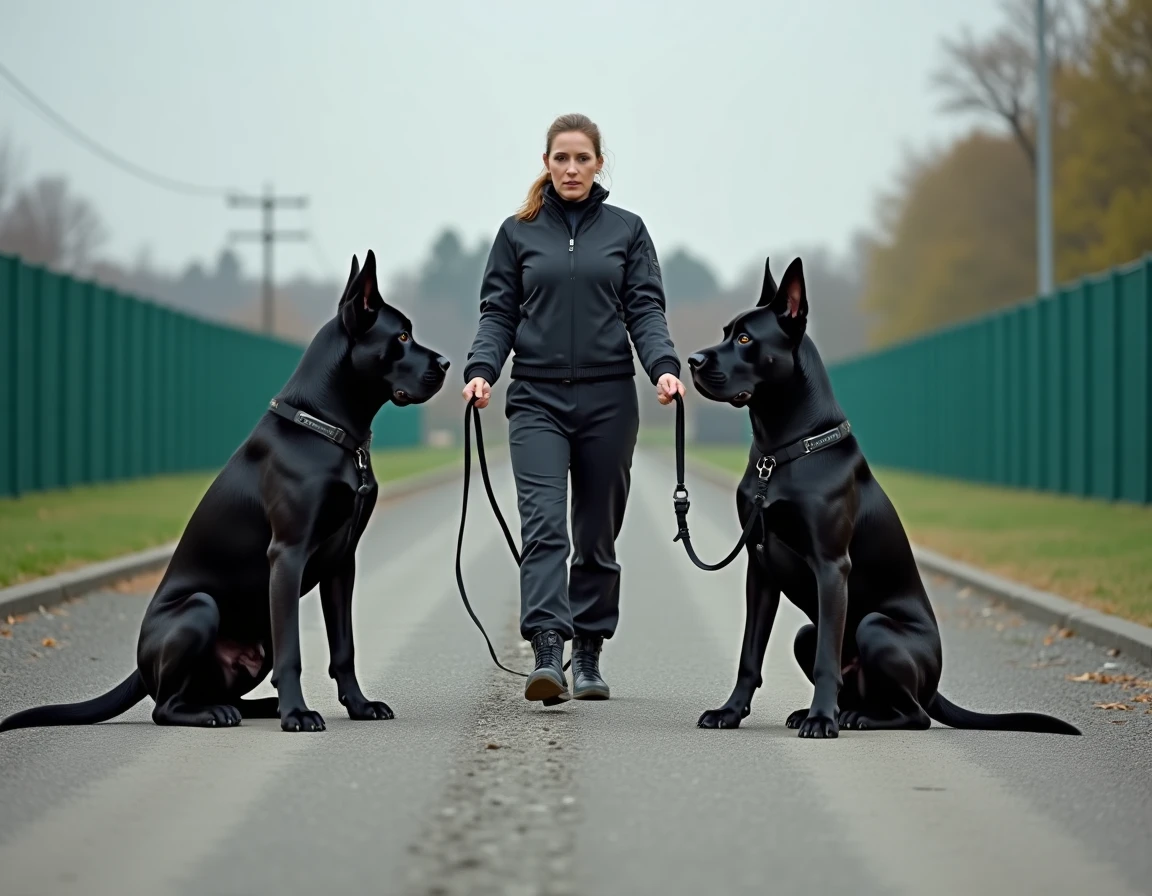 Une dresseuse expérimentée d'Accord Parfait encadrée par deux Cane Corso imposants en obéissance synchronisée sur un terrain d'entraînement professionnel