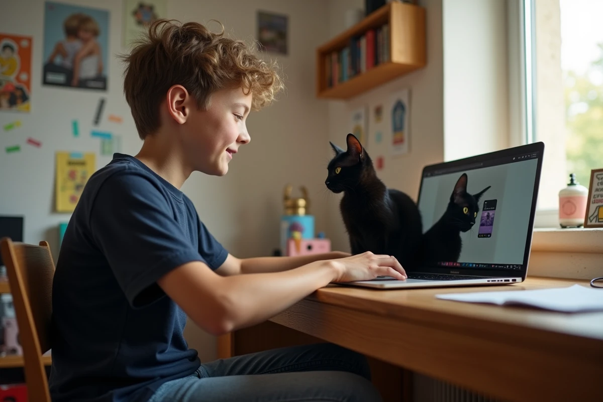Adolescent avec chat noir sur son bureau