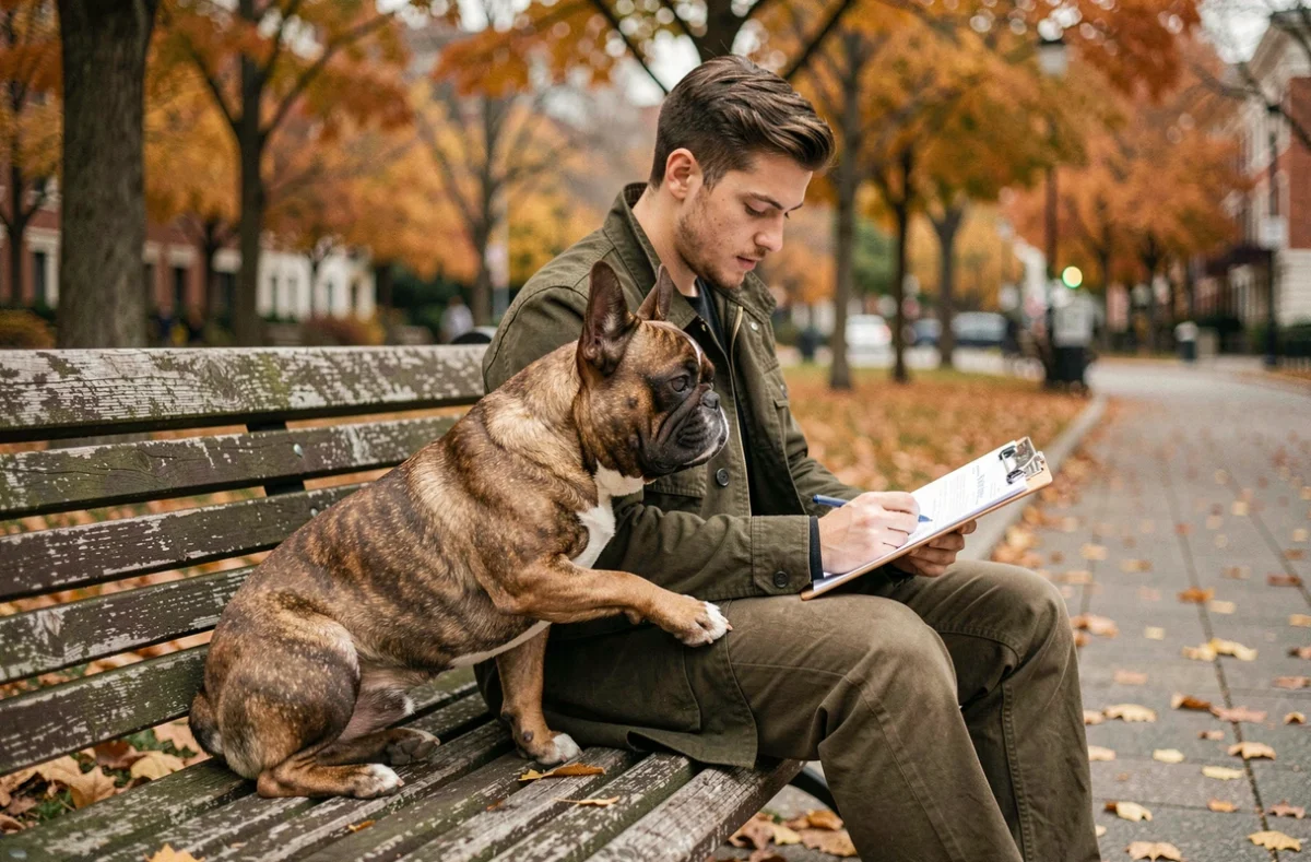 Homme assis dans un parc avec son bouledogue français exotique chocolat and tan après une adoption