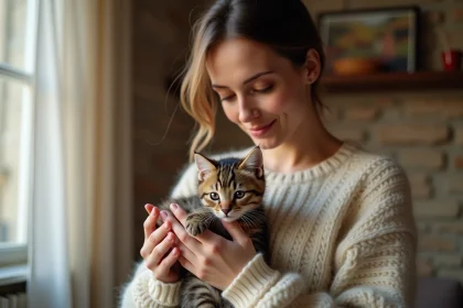 Femme tenant un chaton tigré de 3 mois dans ses mains dans un appartement parisien chaleureux, illustration d'une adoption de chaton en Île-de-France