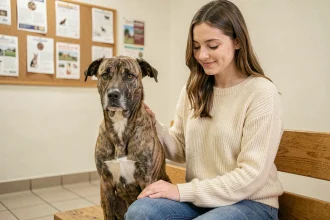 Femme adoptant un chien de refuge dans un centre d'adoption, illustrant le Fonds Saint Bernard pour les primo-adoptants