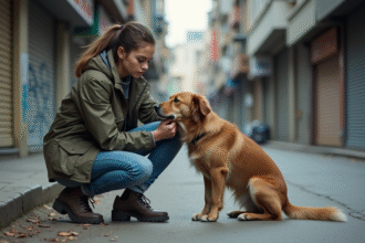 Jeune femme aidant un chien errant dans une rue urbaine dégradée