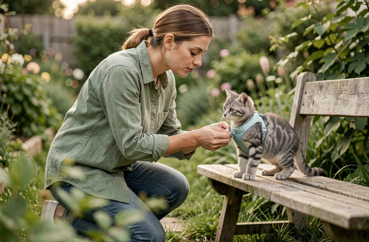 Jeune femme ajustant un harnais H sur un chaton gris rayé dans un jardin