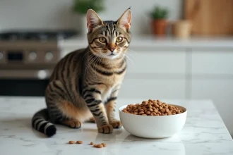 Chat stérilisé adulte assis devant sa gamelle de croquettes dans une cuisine moderne, illustrant l'importance de l'alimentation adaptée