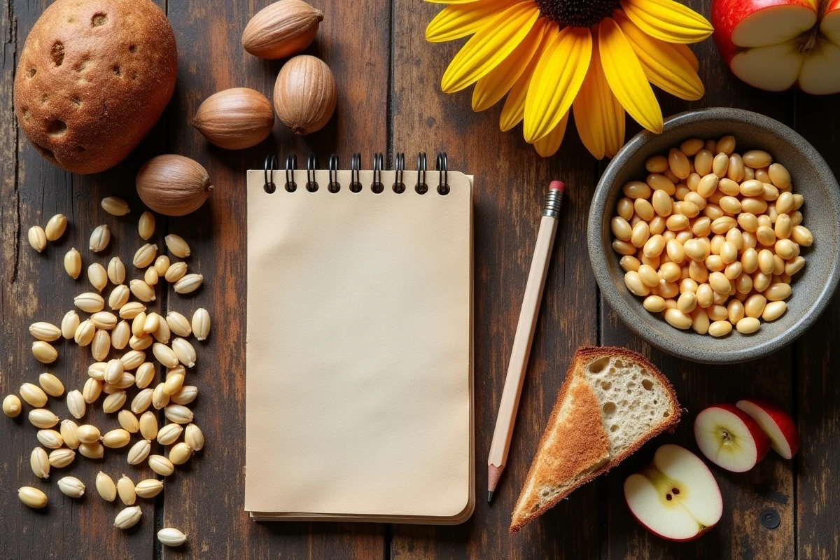 Noix, graines et restes alimentaires attirant les mulots dans le jardin, vue de dessus sur table en bois