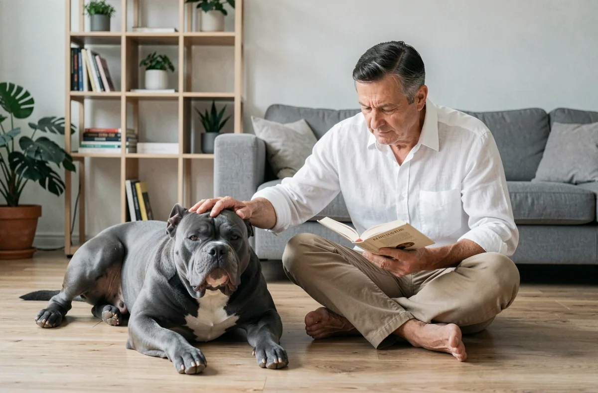 Homme assis sur un parquet avec un American Bully bleu-gris couché dans un appartement moderne, illustrant un lien de confiance et une intégration familiale réussie