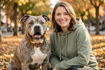 Femme souriante assise avec un American Bully gris bringé dans un parc urbain en automne, illustrant une socialisation réussie chien-humain