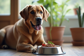 Chien Labrador adulte assis près d'une gamelle saine