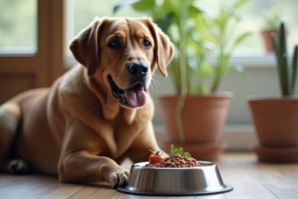Chien Labrador adulte assis près d'une gamelle saine