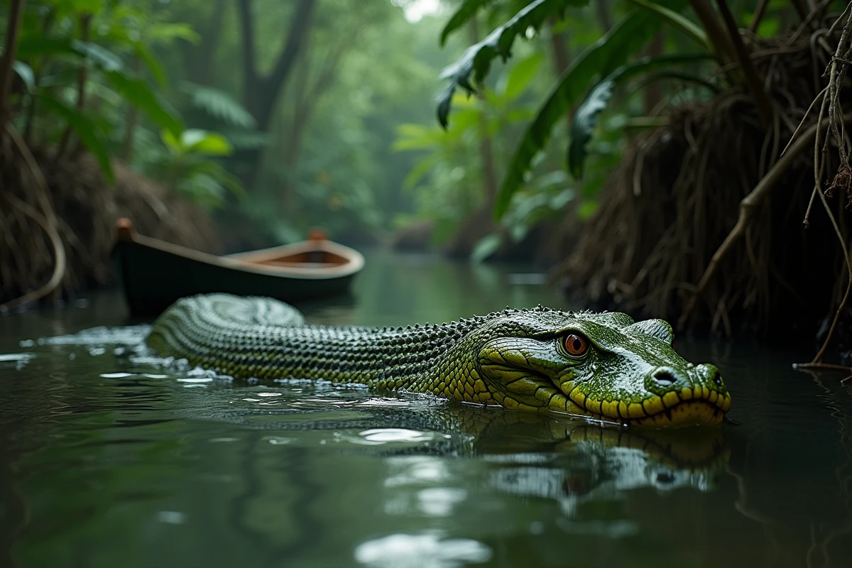 Un anaconda vert géant émergeant des eaux sombres d'un fleuve amazonien, son corps massif visible entre la végétation tropicale dense