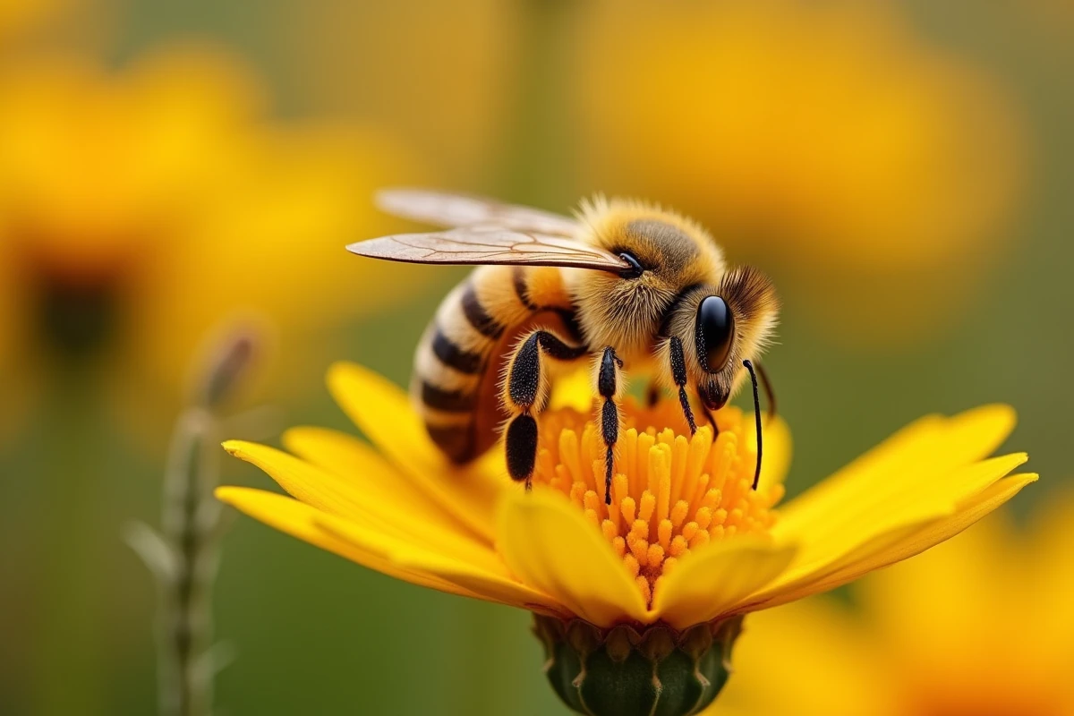 Photo réaliste en gros plan d'une abeille mellifère posée sur une fleur sauvage, révélant l'anatomie précise de l'insecte avec ses ailes veinées, son thorax velu chargé de pollen et ses antennes segmentées