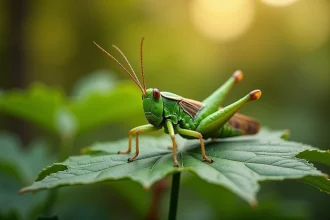 Macro-photographie réaliste d'une sauterelle verte posée sur une feuille de chêne, montrant l'anatomie détaillée d'un insecte avec ses pattes articulées, ses yeux composés et ses segments abdominaux