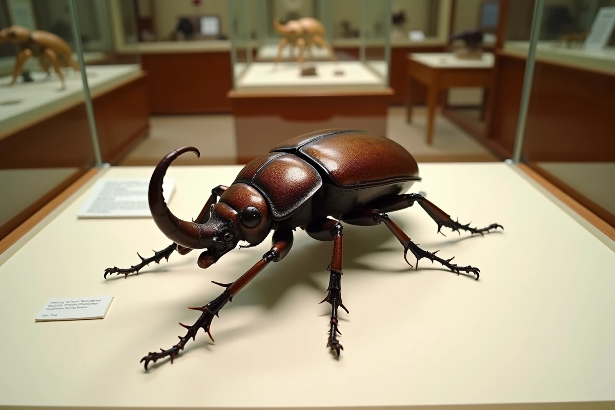 Photographie réaliste d'un scarabée atlas épinglé sur un plateau d'entomologie dans un musée d'histoire naturelle, illustrant l'anatomie complète d'un insecte vue de dessus avec ses pattes articulées et ses cornes