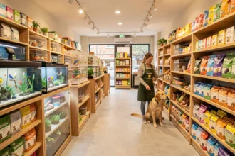 Intérieur d'une animalerie moderne en Nouvelle-Aquitaine avec aquariums, cages et rayons d'accessoires pour animaux