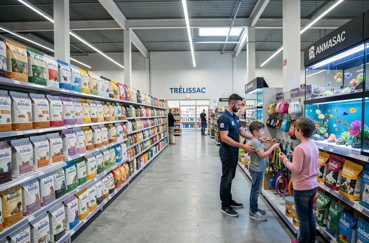 Vaste intérieur de l'animalerie Animalis à Trélissac avec ses rayons de nourriture, ses aquariums et un employé aidant une famille