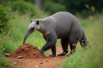 Fourmilier géant avec sa langue dans la savane sud-américaine