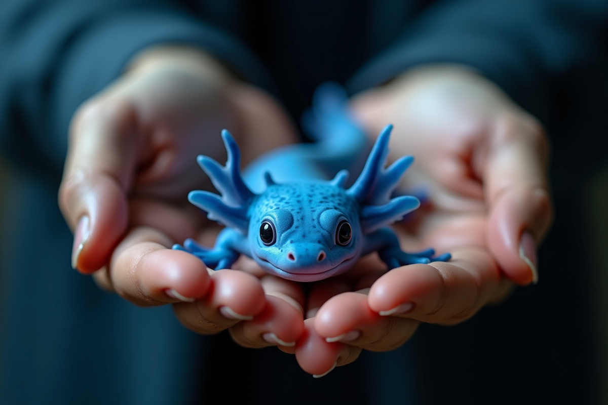 Personne tenant un axolotl bleu vif dans la main