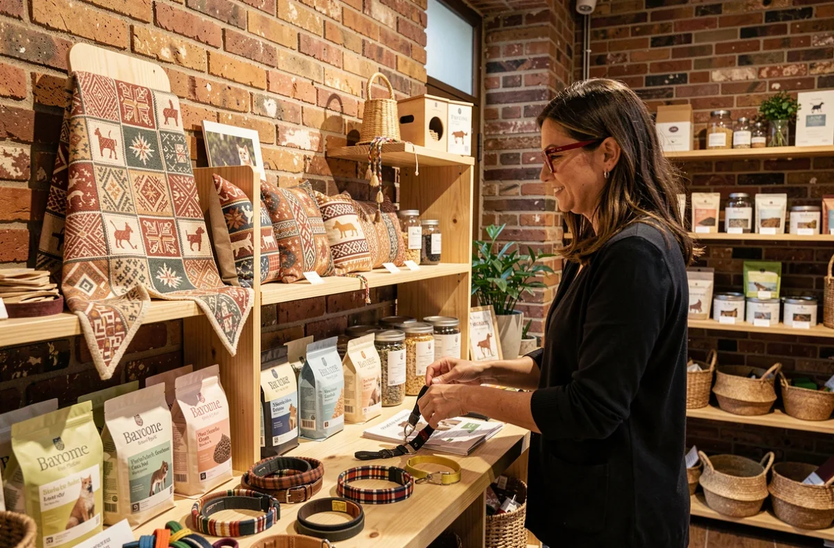 Propriétaire de Babine Concept Store à Bayonne arrangeant des accessoires artisanaux pour animaux dans une boutique au décor basque