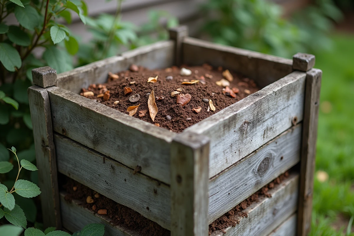 Bac à compost en bois avec grillage de protection anti-rongeurs dans un jardin résidentiel
