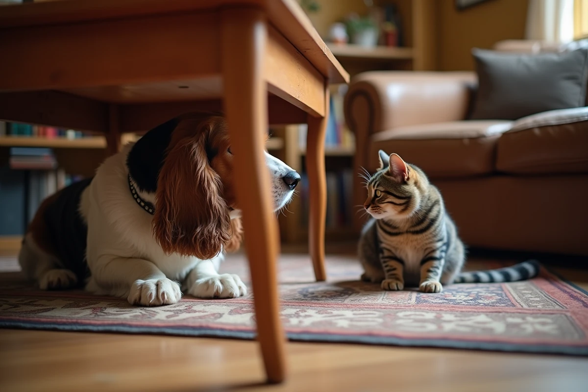 Basset Griffon Vendéen timide sous une table basse en intérieur face à un chat, scène de socialisation animale à domicile