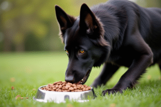 Chien berger allemand noir mangeant dans un bol en acier inoxydable en extérieur