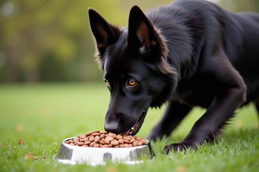Chien berger allemand noir mangeant dans un bol en acier inoxydable en extérieur