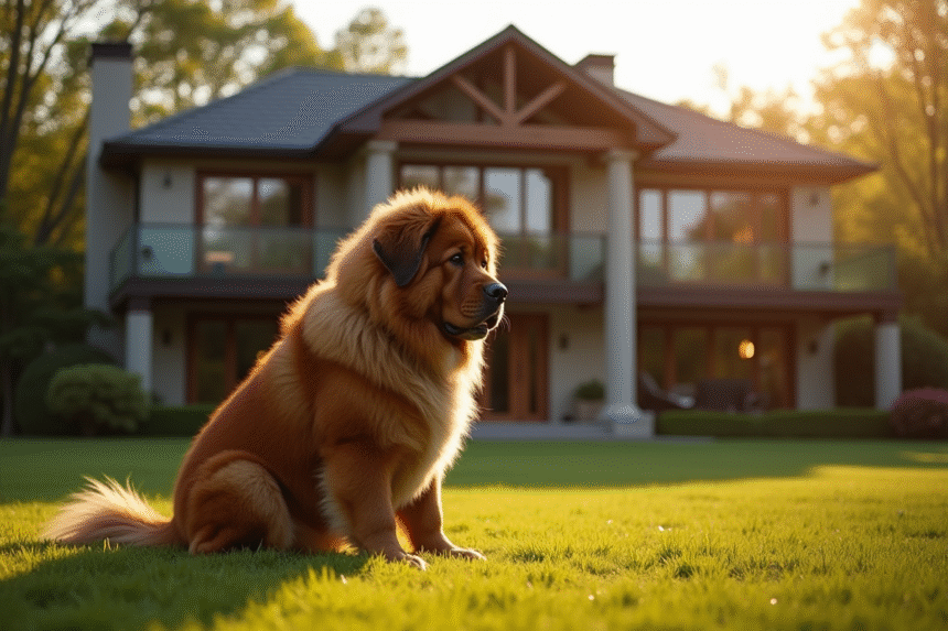 Mastiff tibetain majestueux sur la pelouse ensoleillée