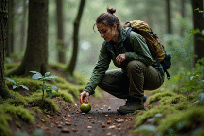 Biologiste en forêt observant un fruit mi-mangé