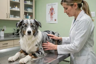 Vétérinaire examinant un Border Collie bleu merle sur une table de consultation, contrôle de santé annuel