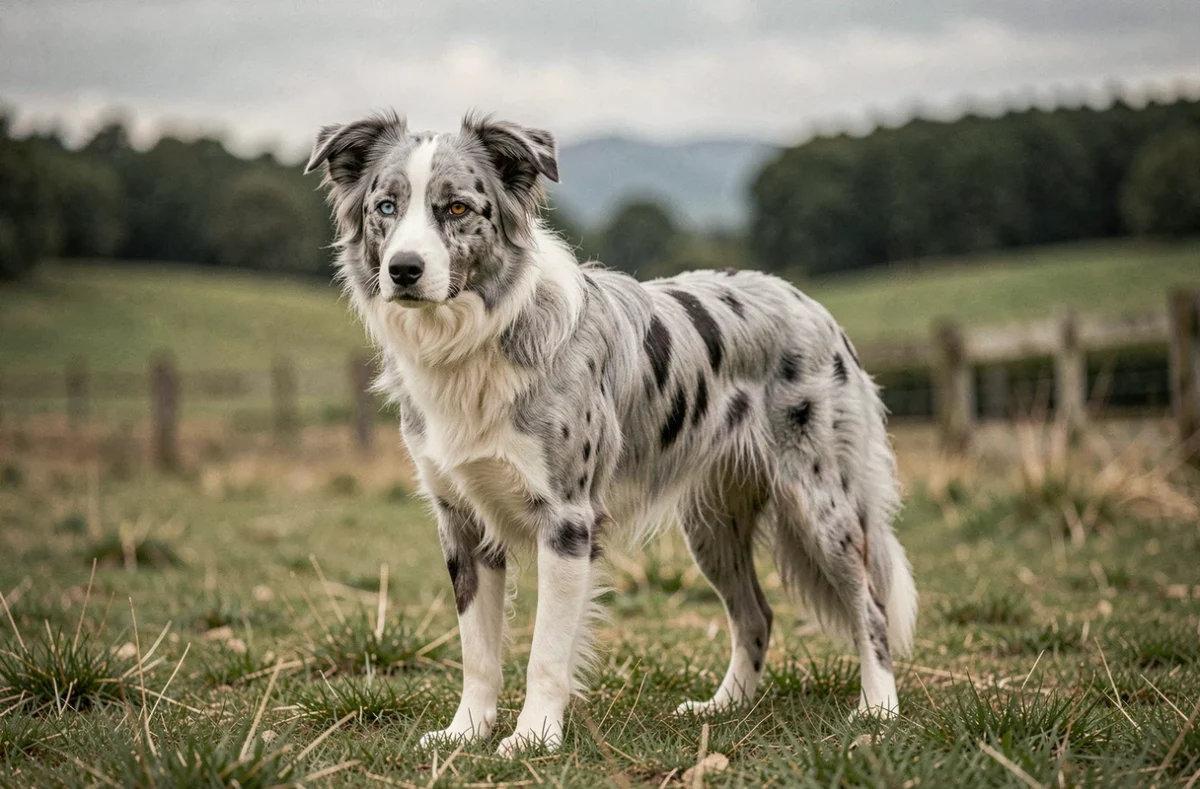Border Collie bleu merle en pleine santé debout dans un champ, montrant les caractéristiques typiques de la robe merle