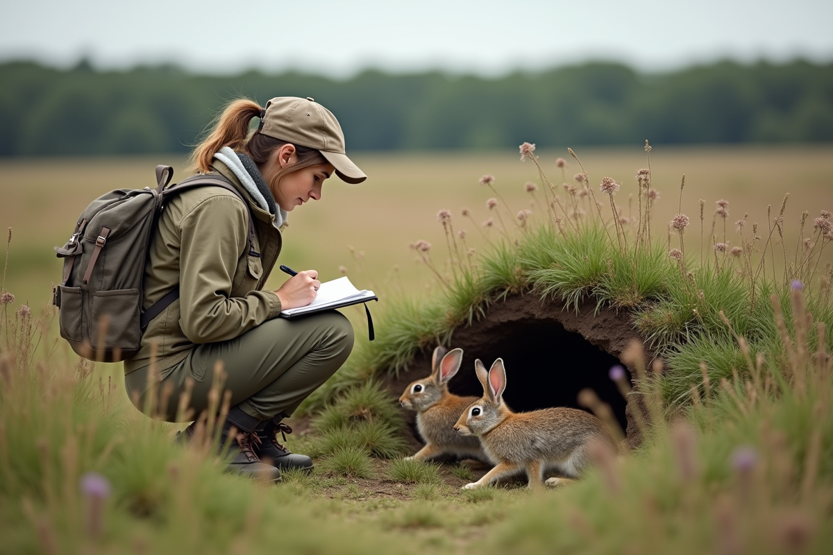 Femme botaniste observant des lapins dans un pré