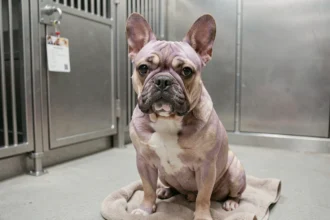 Bouledogue français exotique lilac and tan assis dans un chenil de refuge animalier propre et moderne