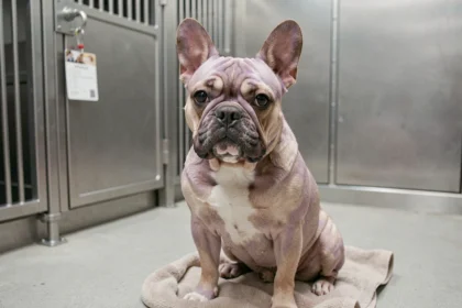 Bouledogue français exotique lilac and tan assis dans un chenil de refuge animalier propre et moderne