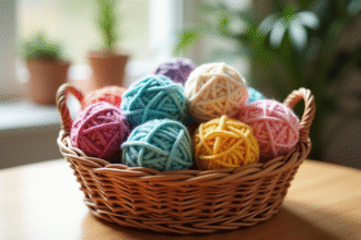 Boules de fil chenille coloriees dans un panier en osier