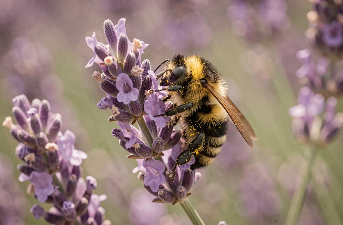 Bourdon recouvert de pollen se posant sur une fleur de lavande dans un jardin en été, ailes en mouvement et détails duveteux visibles