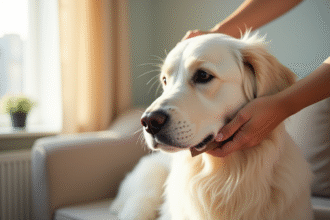 Golden retriever blanc brossé dans un salon lumineux