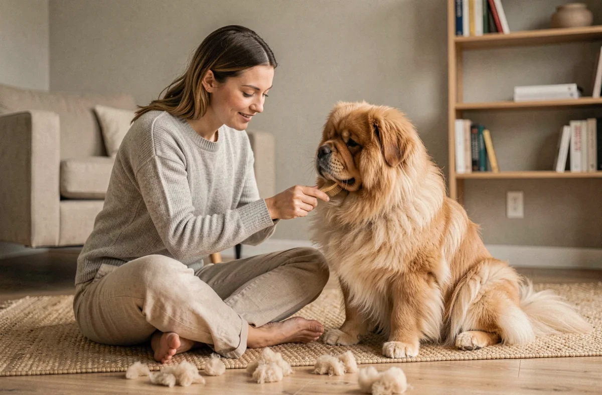 Femme brossant un Chow Chow au pelage dense et touffu dans un salon intérieur cosy