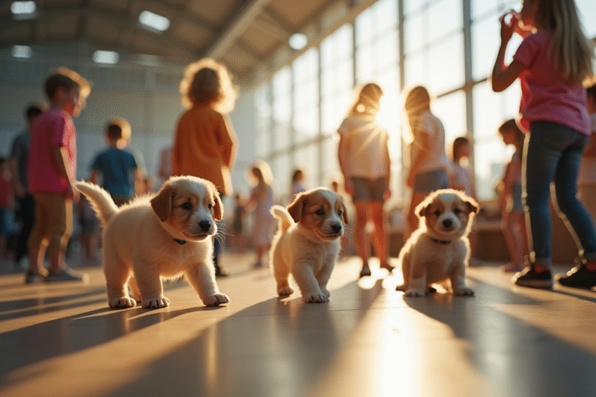 Foire animée avec des chiots de différentes races en intérieur lumineux