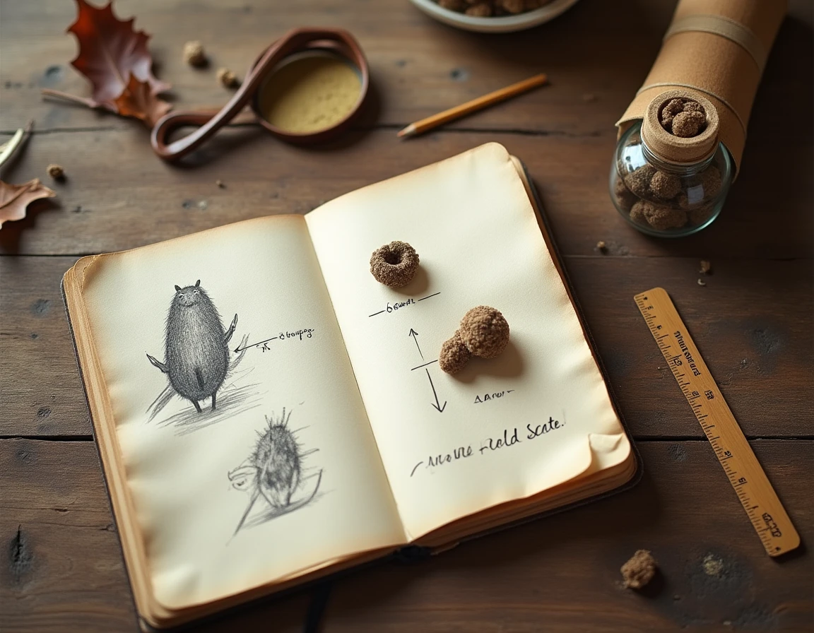Carnet de terrain avec croquis annoté de crottes de blaireau et échantillon conservé en bocal de verre avec règle graduée