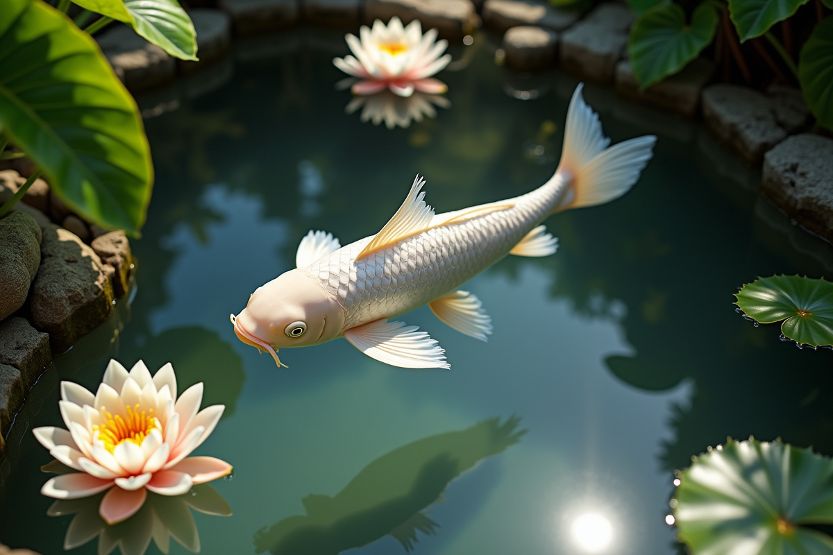 Carpe albinos nageant dans un bassin de jardin lumineux