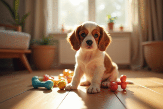 Chiot cavalier king charles sur un sol en bois en intérieur