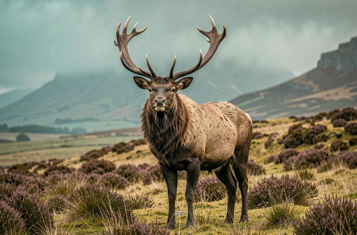 Grand cerf élaphe mâle aux larges bois dans une lande écossaise brumeuse