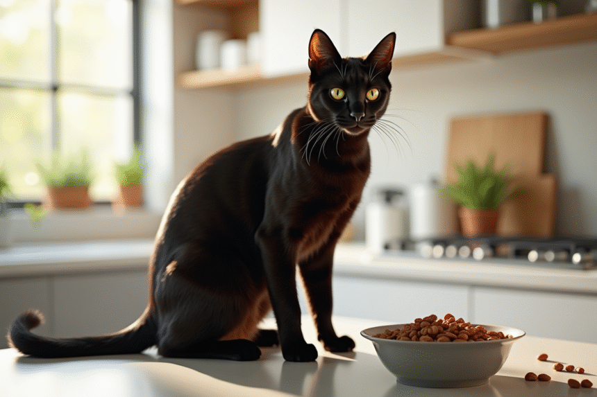 Chat bengal noir sur un plan de travail lumineux