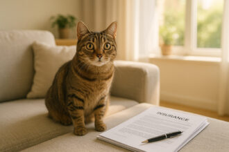 Chat curieux sur un canapé lumineux avec documents d'assurance