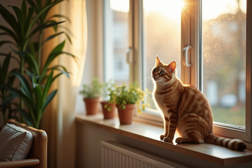 Chat heureux sur une fenêtre dans un salon moderne