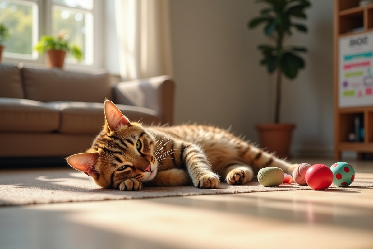 Chat tacheté relaxe sur le sol avec jouets et tableau de renforcement