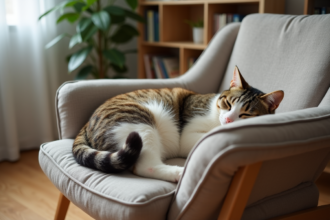 Chat domestique enceinte repose sur un fauteuil confortable