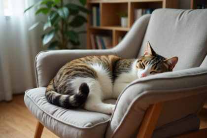 Chat domestique enceinte repose sur un fauteuil confortable