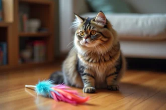 Chat Highlander tabby assis sur un parquet en bois, regardant attentivement un jouet à plumes lors d'une séance d'éducation à domicile